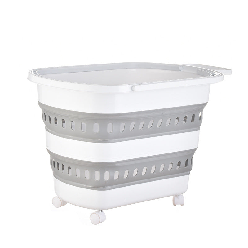 Foldable laundry basket with wheels, ventilation slots and carrying handle