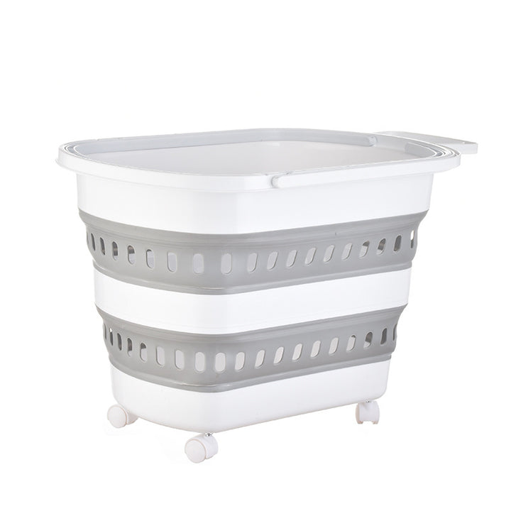 Foldable laundry basket with wheels, ventilation slots and carrying handle