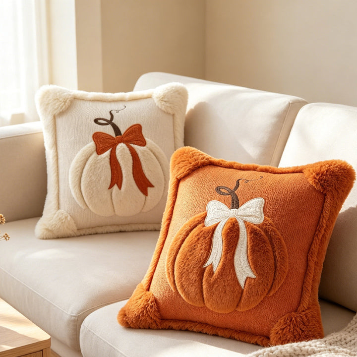 Autumn Pumpkin Chenille Tufted Square Throw Pillow Cover with Plush Raised Motif