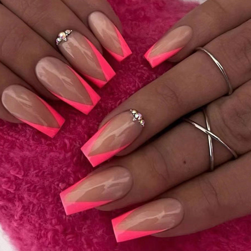 Artful Nail Extensions with Neon Tips and Rhinestone Decoration Kalsten