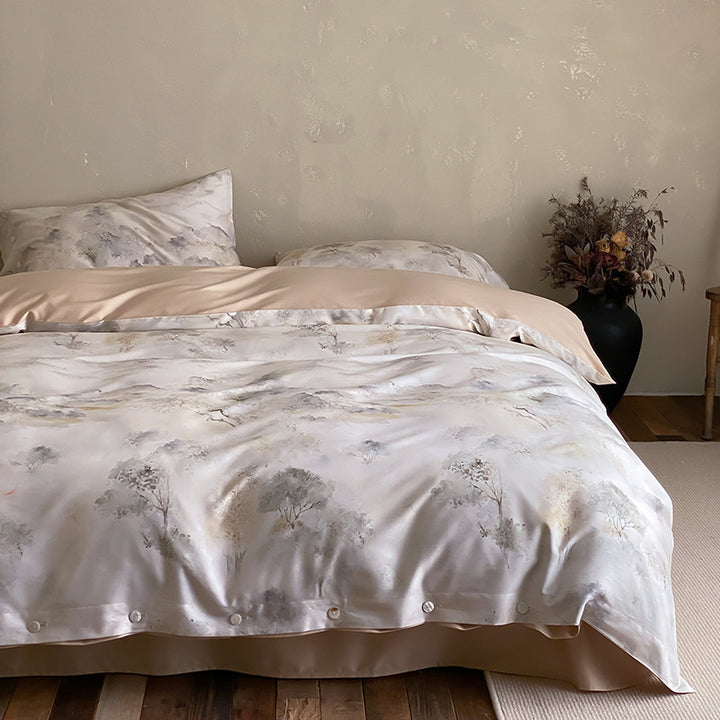 Premium cotton satin duvet cover set with floral jacquard relief and button closure