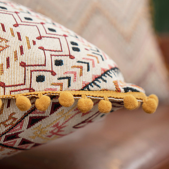Decorative Bohemian Patchwork Tapestry Throw Pillow Cover with Pom-Pom Tassel Trim