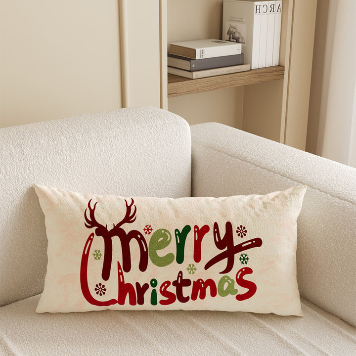 Rectangular Festive Lumbar Pillow Cover with Merry Christmas Typographic Print and Reindeer Antler Accent