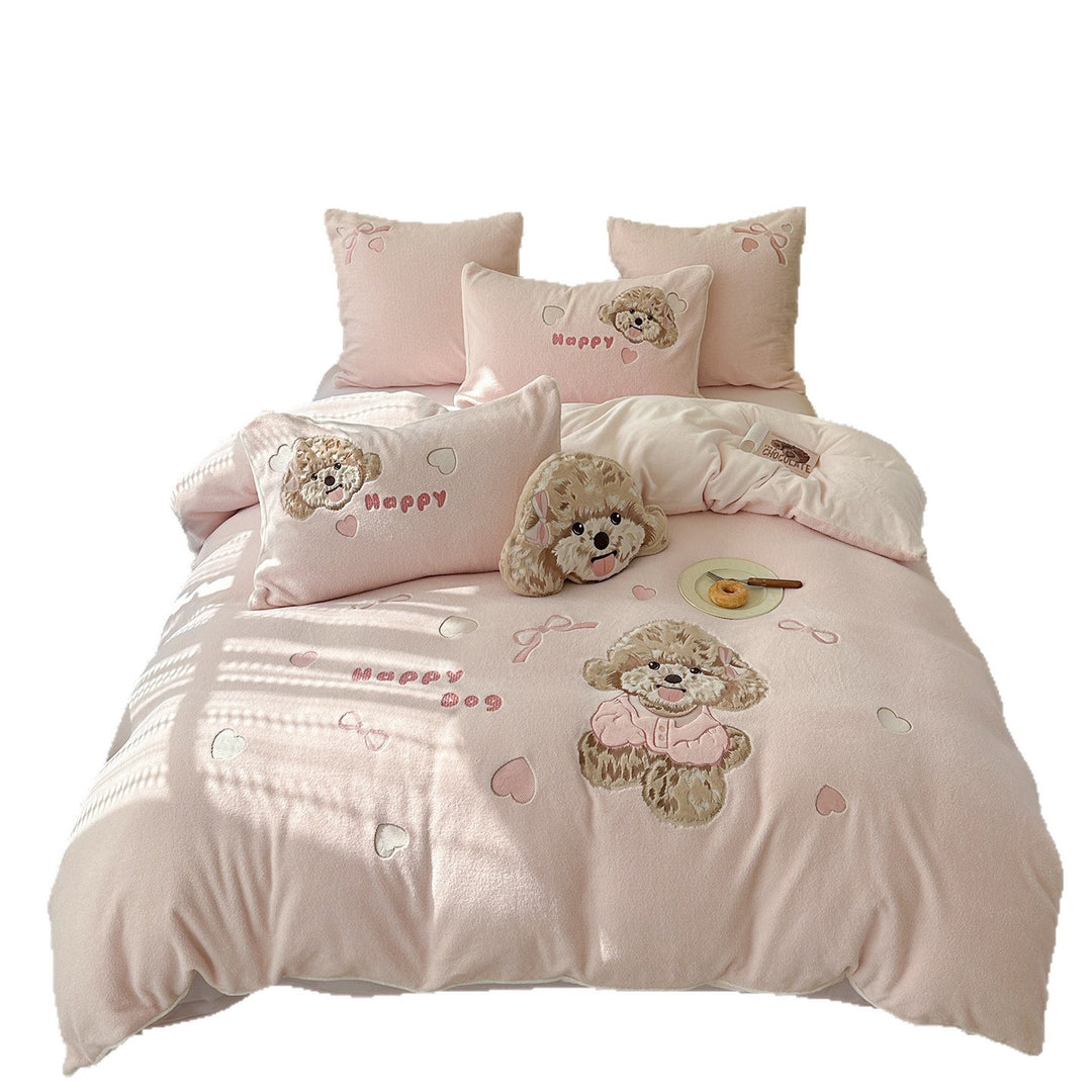 Cozy bedding set with plush surface and embroidered puppy design