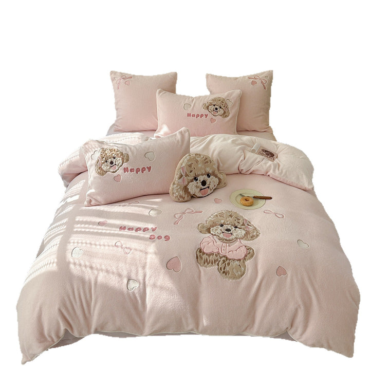 Cozy bedding set with plush surface and embroidered puppy design