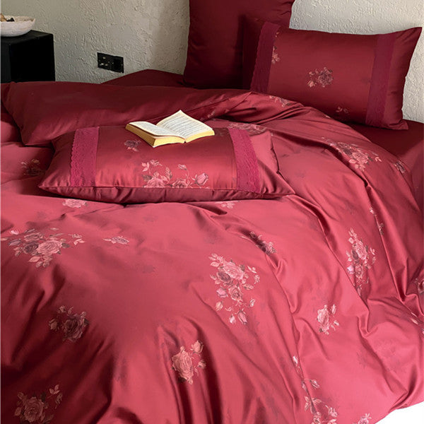 Premium Satin Bedding Set with subtle rose jacquard and hotel closing