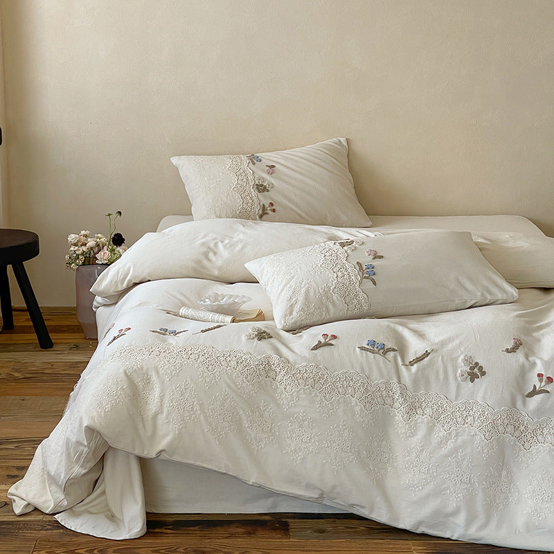 Embroidered cotton satin bedding set with lace trim