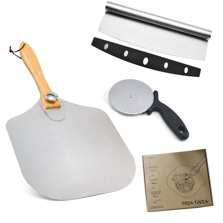 professional pizza peel set with foldable stainless steel shovel ergonomic wooden handle pizza cutter rocker and bench scraper Kalsten