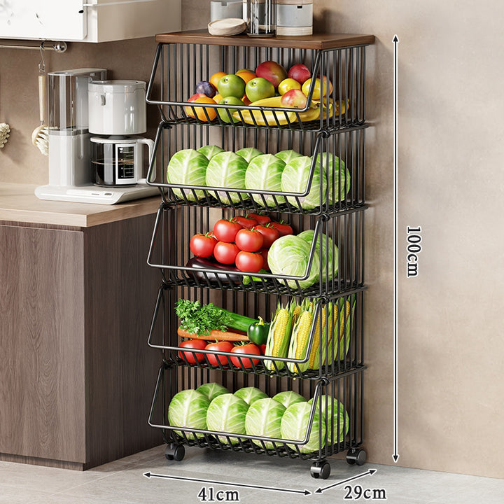 Slim Vertical Rolling Wire Produce and Pantry Organizer Cart with Wood Top
