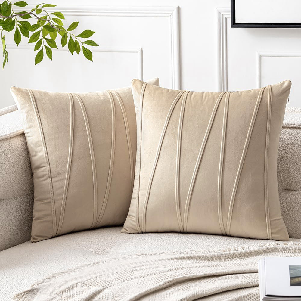 Square Velvet Corded Vertical Pleat Throw Pillow Cover with Hidden Zipper