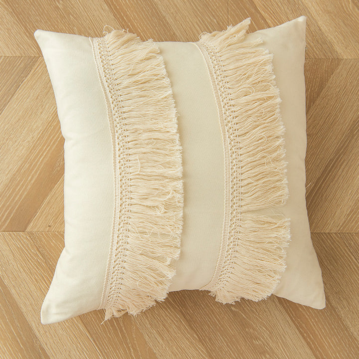 Decorative Tassel-Trim Square Throw Pillow with Pom-Pom Rows and Braided Cotton Accents