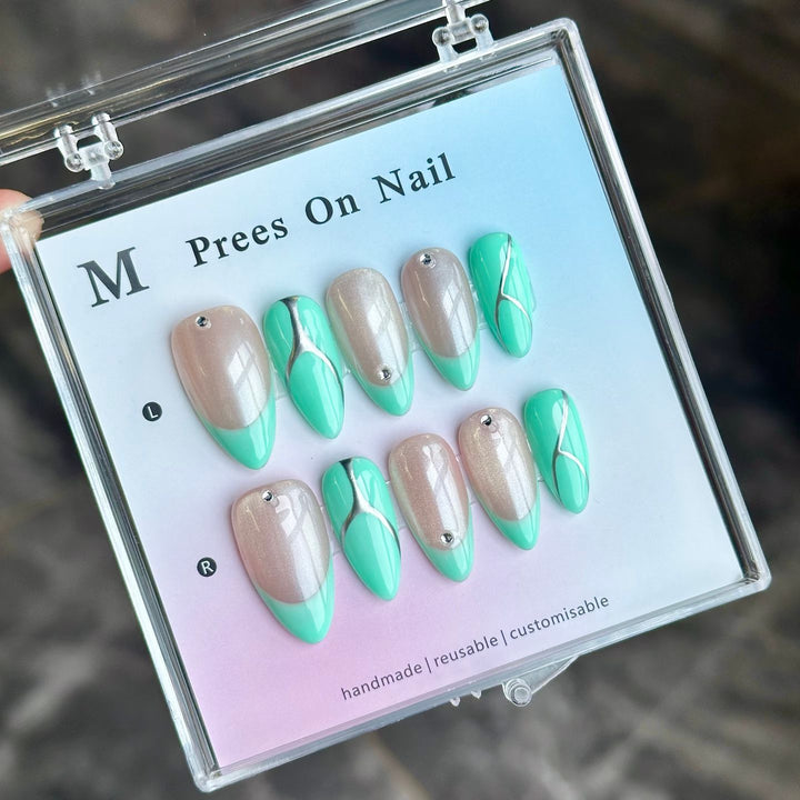 Artistic Press-On Nail Set with Unique Geometric Design