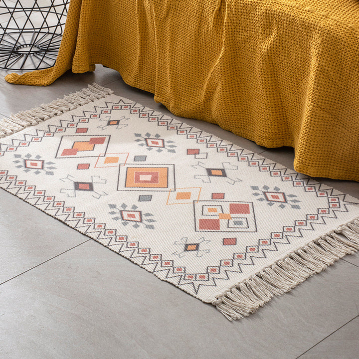 Handwoven cotton table runner with mandala jacquard and decorative fringes