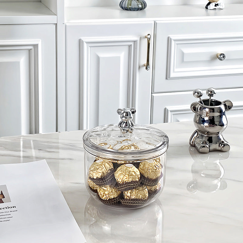 Round acrylic storage container with bear lid for chocolates and sweets