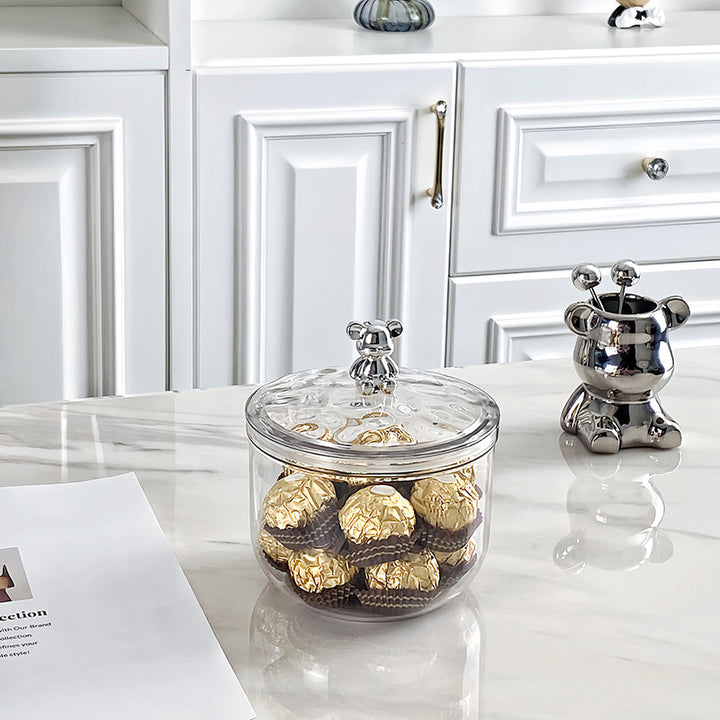 Round acrylic storage container with bear lid for chocolates and sweets