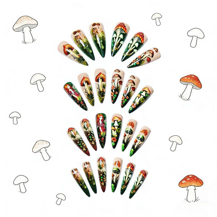 Creative artificial nails with playful fairy and mushroom design Kalsten