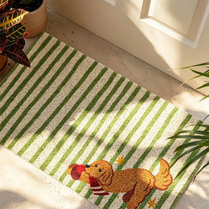 Coconut doormat with striped pattern and playful dog motif
