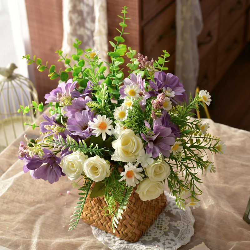 Elegant Synthetic Floral Arrangement in Woven Basket