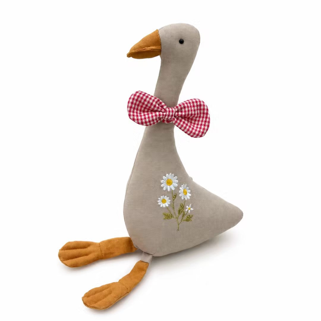 Handcrafted Linen Goose Plush Toy with Embroidered Daisy Motif and Gingham Bow