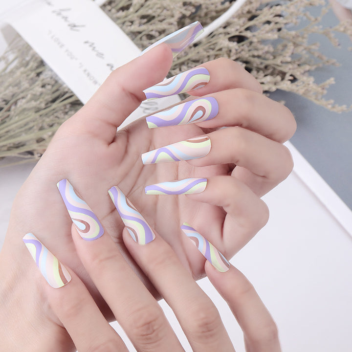 Artistic Long Press-On Nail Set with Colorful Wave Design Kalsten