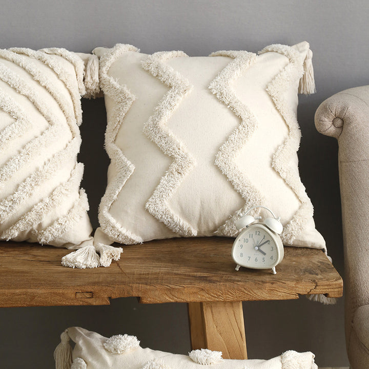 Decorative Boho Tassel Throw Pillow with Textured Diamond Tufting
