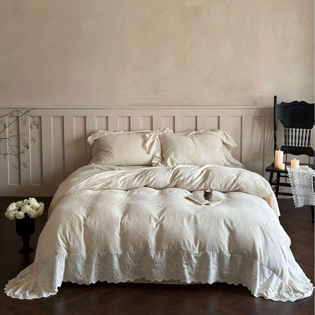 High-quality linen bedding set with floral lace border and ruffle