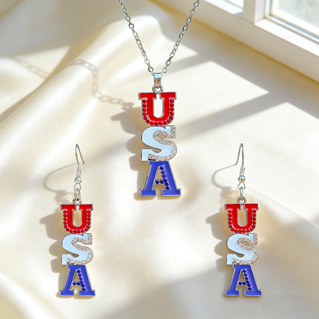 Women's patriotic jewelry set flip-flop pendant necklace and earrings with enamel and crystal embellishment Kalsten