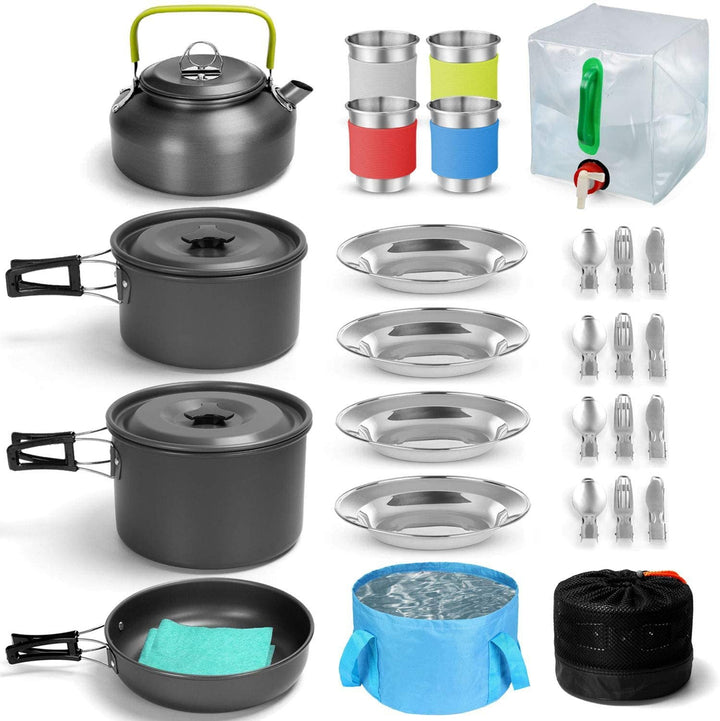 compact nesting anodized aluminum camping cookware kit with kettle nonstick pots frying pan foldable wash basin stainless steel plates cups Kalsten