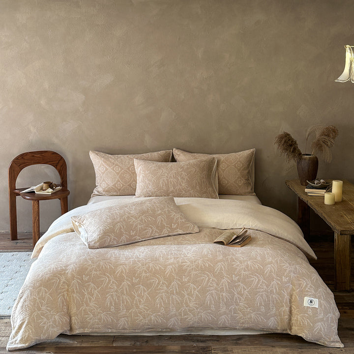 Luxurious cotton-linen bedding set with a lightweight quilted texture and floral jacquard