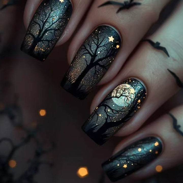 Creative Acrylic Nails with Midnight Forest Design Kalsten