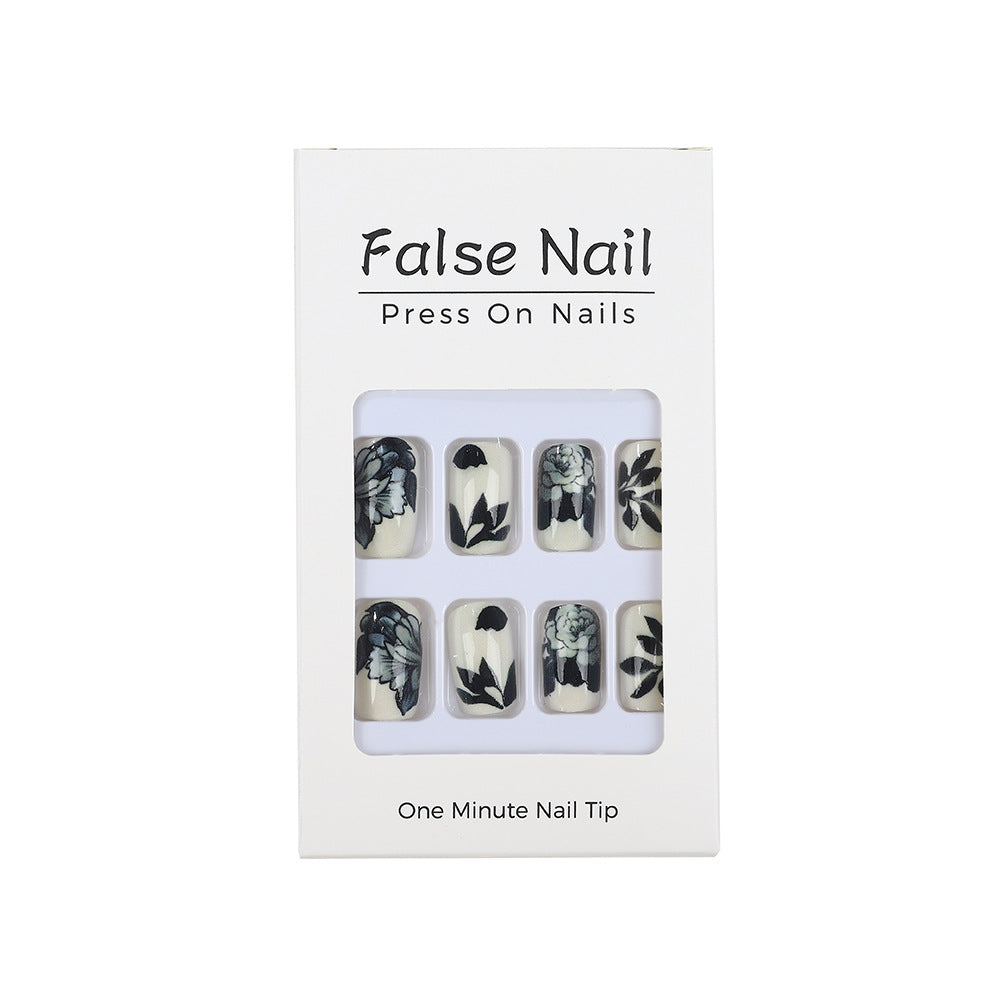 Artificial nails with floral black-and-white design Kalsten