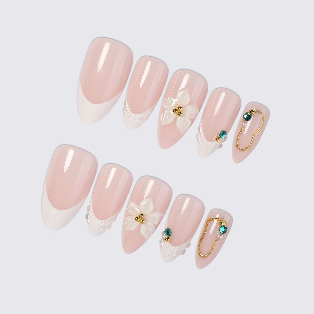 Acrylic nail set with elegant flower and rhinestone decorations Kalsten