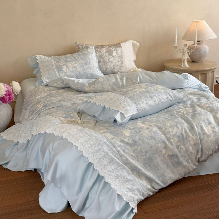 Luxurious satin bedding set with lace trim and ruffle