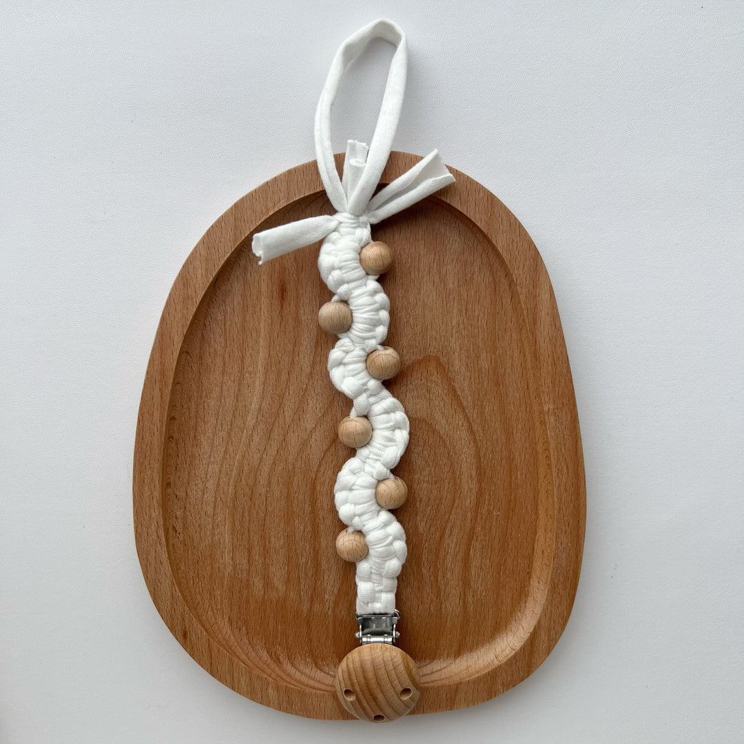 Macrame Boho Wooden-Bead Pacifier Holder Clip with Metal Safety Clamp