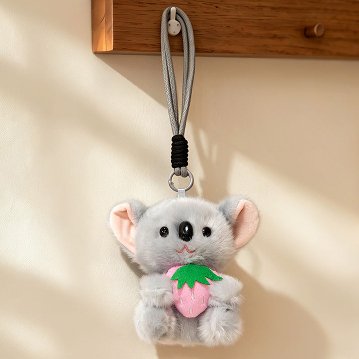 Plush Calico Cat Strawberry Mini Bag Charm Keychain with Soft Rope Loop & Metal Clip Kalsten