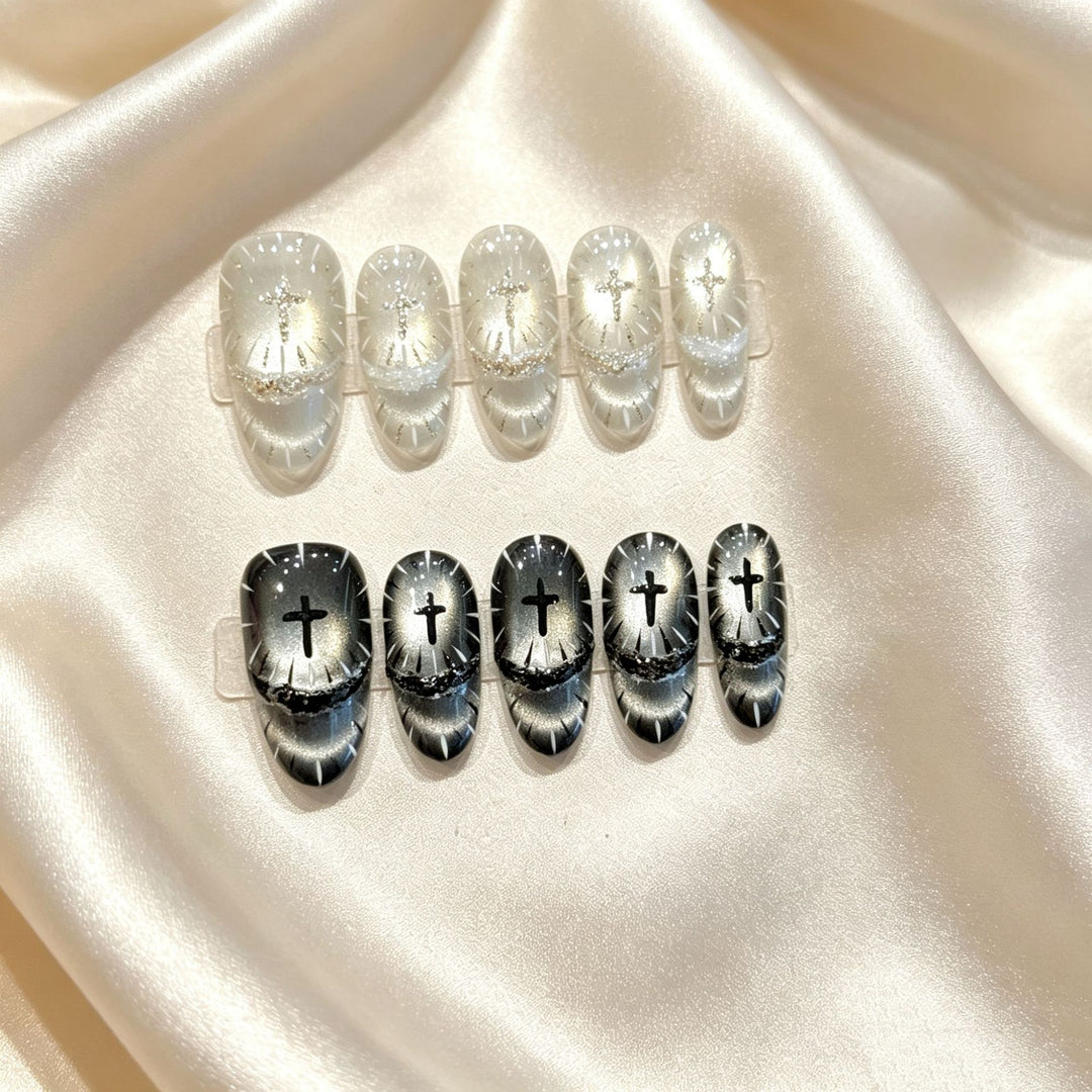 Artistic Press-On Nail Set with Gothic Patterns