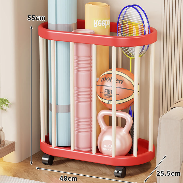 Vertical Rolling Sports Gear Storage Organizer with Cylindrical Metal Bar Frame and Casters