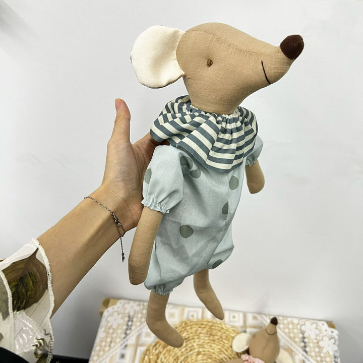 Handmade Linen Elephant Soft Toy Doll with Long Limbs and Ruffled Collar