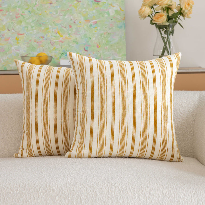 Handloom Vertical Stripe Cotton-Linen Square Pillow Cover with Hidden Zipper