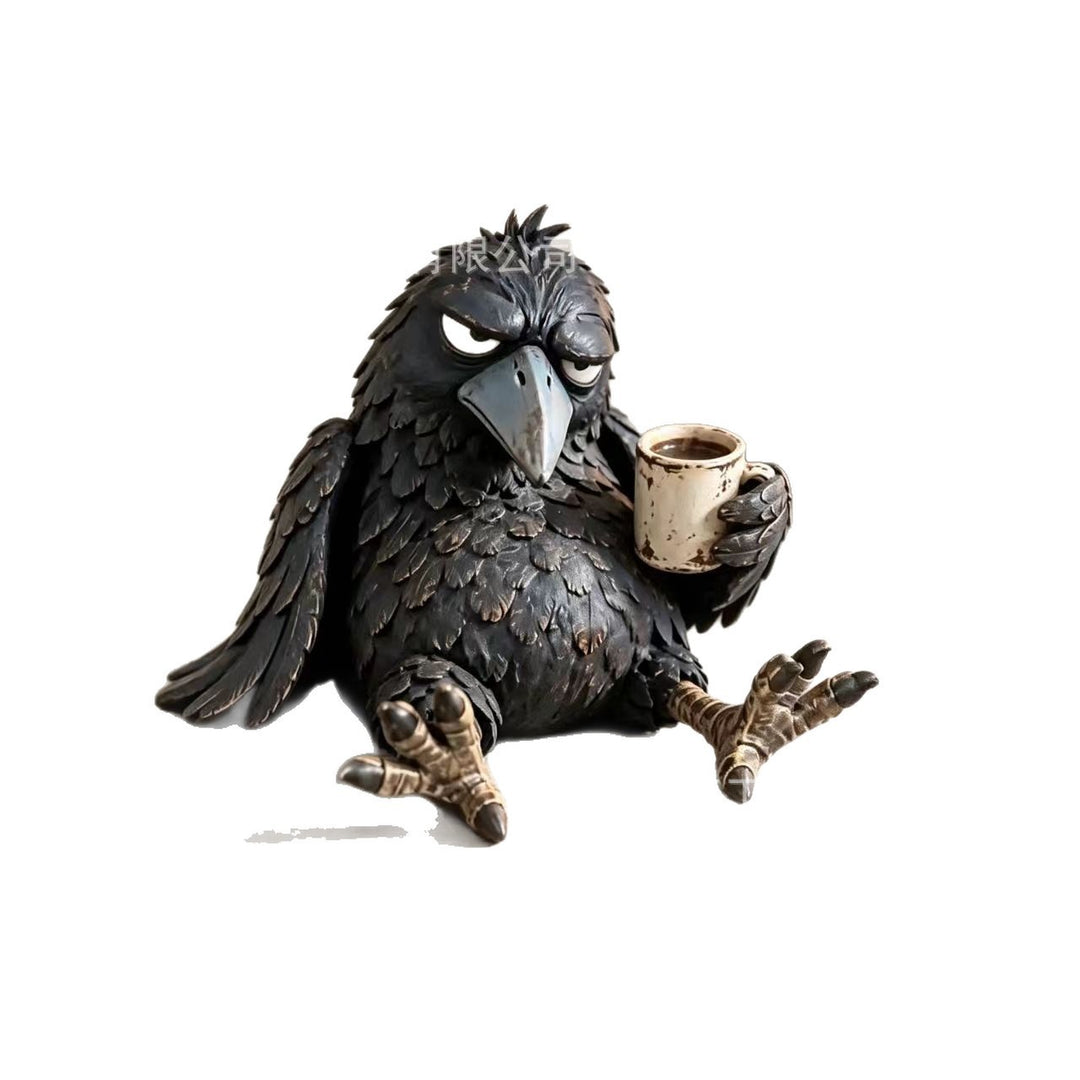 Quirky Raven Sculpture with Coffee Cup Kalsten