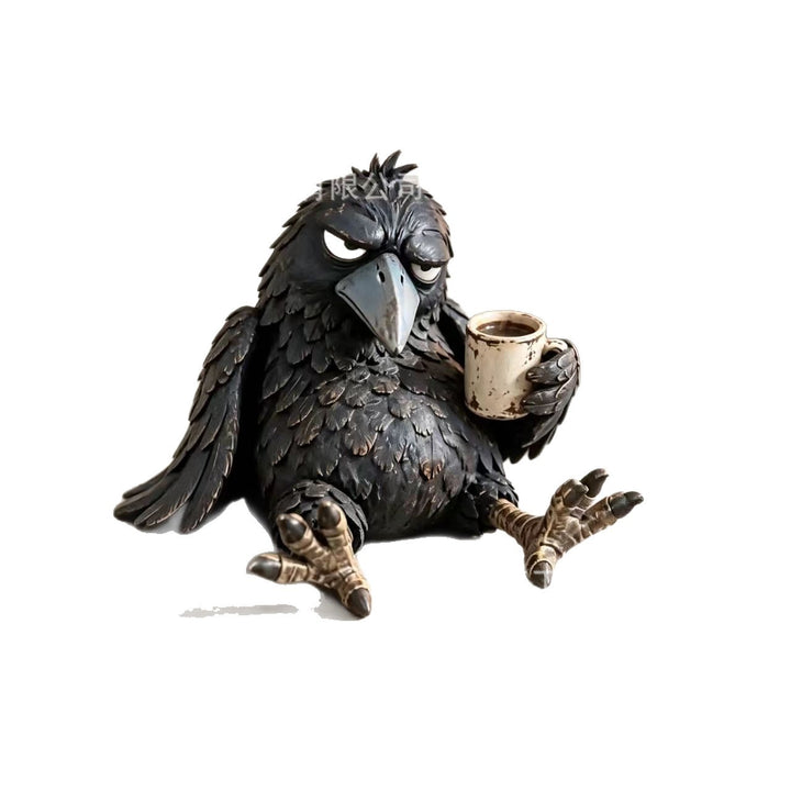 Quirky Raven Sculpture with Coffee Cup Kalsten