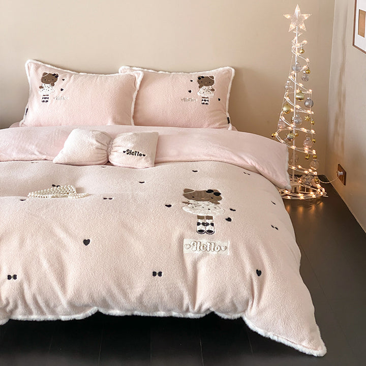 cozy plush bedding set with bear embroidery