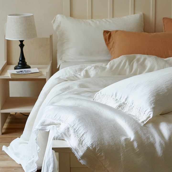 Linen duvet cover set with subtle fringed edge and stonewashed look
