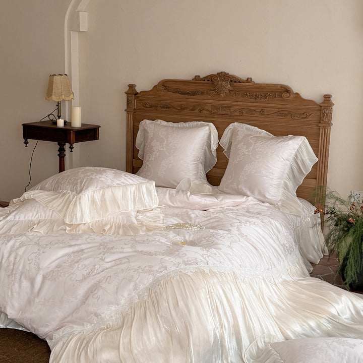 Luxurious satin jacquard bedding set with pleated bed skirt and fine lace trim