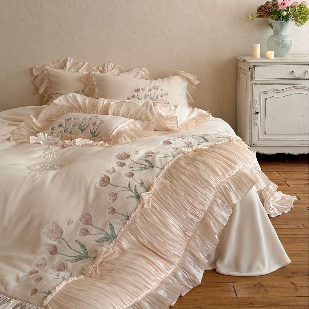 Romantic embroidered bedding set with frills, ruffles, and tulip embroidery