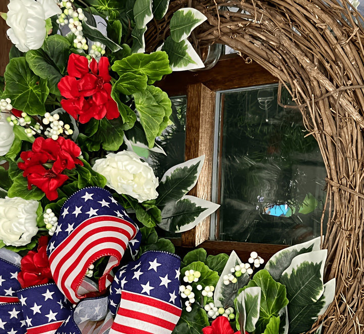 Unisex nan patriotic Americana grapevine front door wreath with oversized star-spangled bow and realistic silk floral accents Kalsten