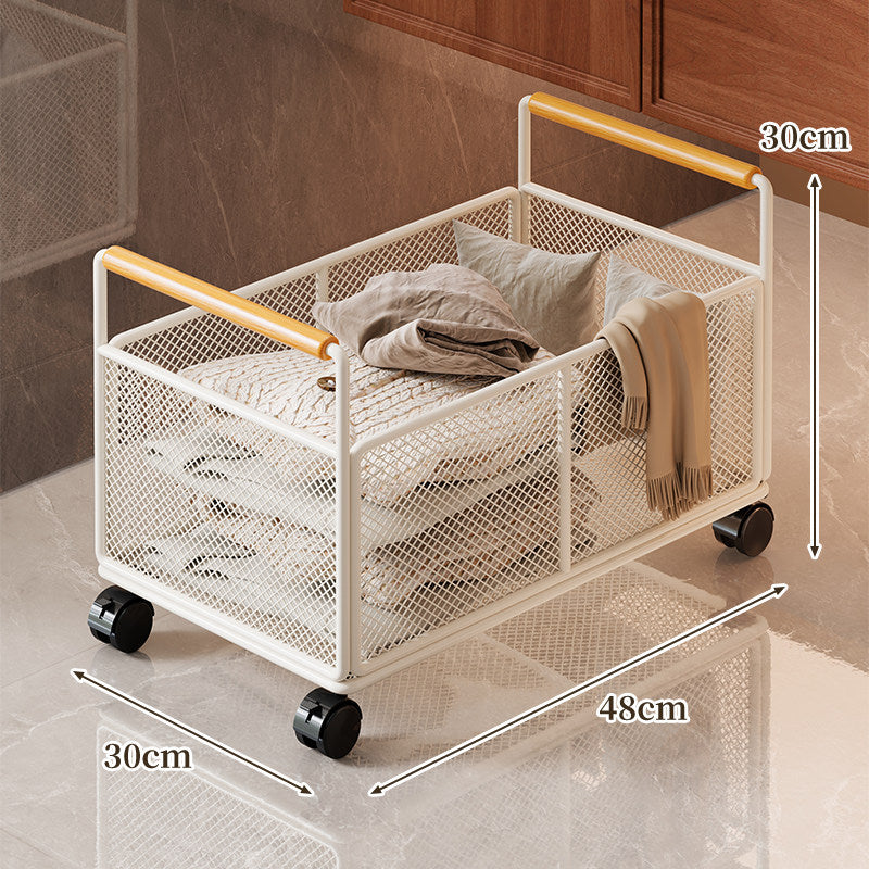 Low-Profile Metal Mesh Storage Crate with Dual Wood-Accent Handles for Blankets and Towels