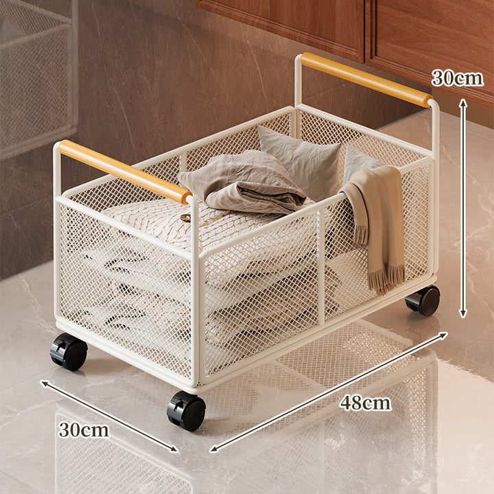 Low-Profile Metal Mesh Storage Crate with Dual Wood-Accent Handles for Blankets and Towels