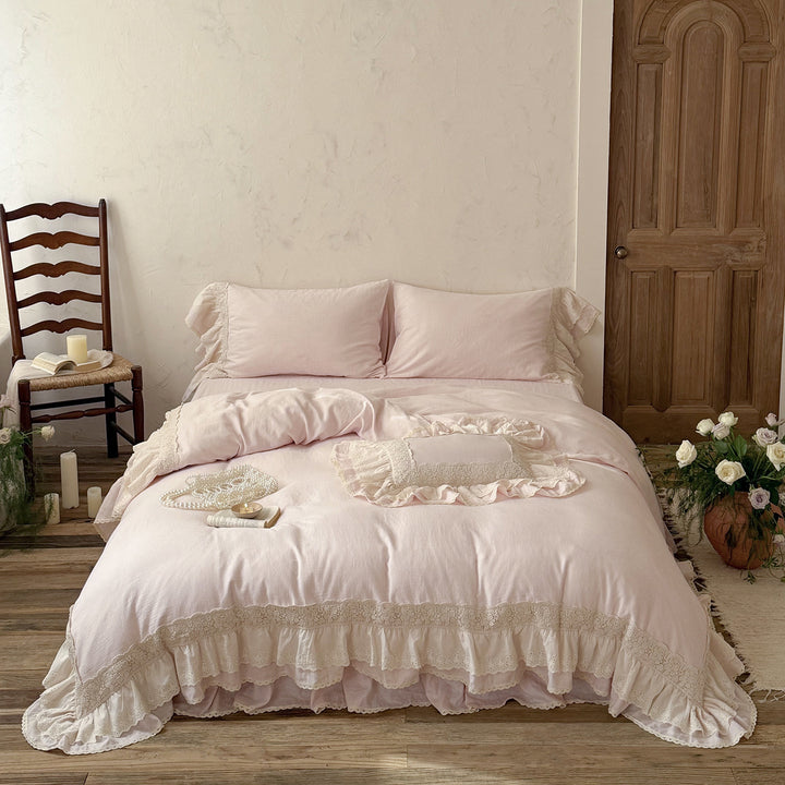 Romantic bedding set in country house style with ruffles and lace trim