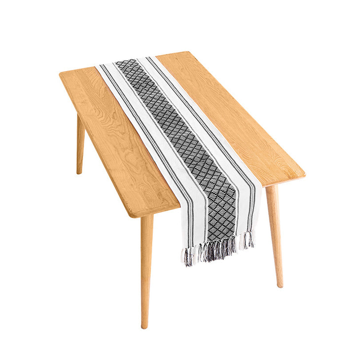 Handwoven cotton table runner with ethnic diamond pattern and fringes Kalsten